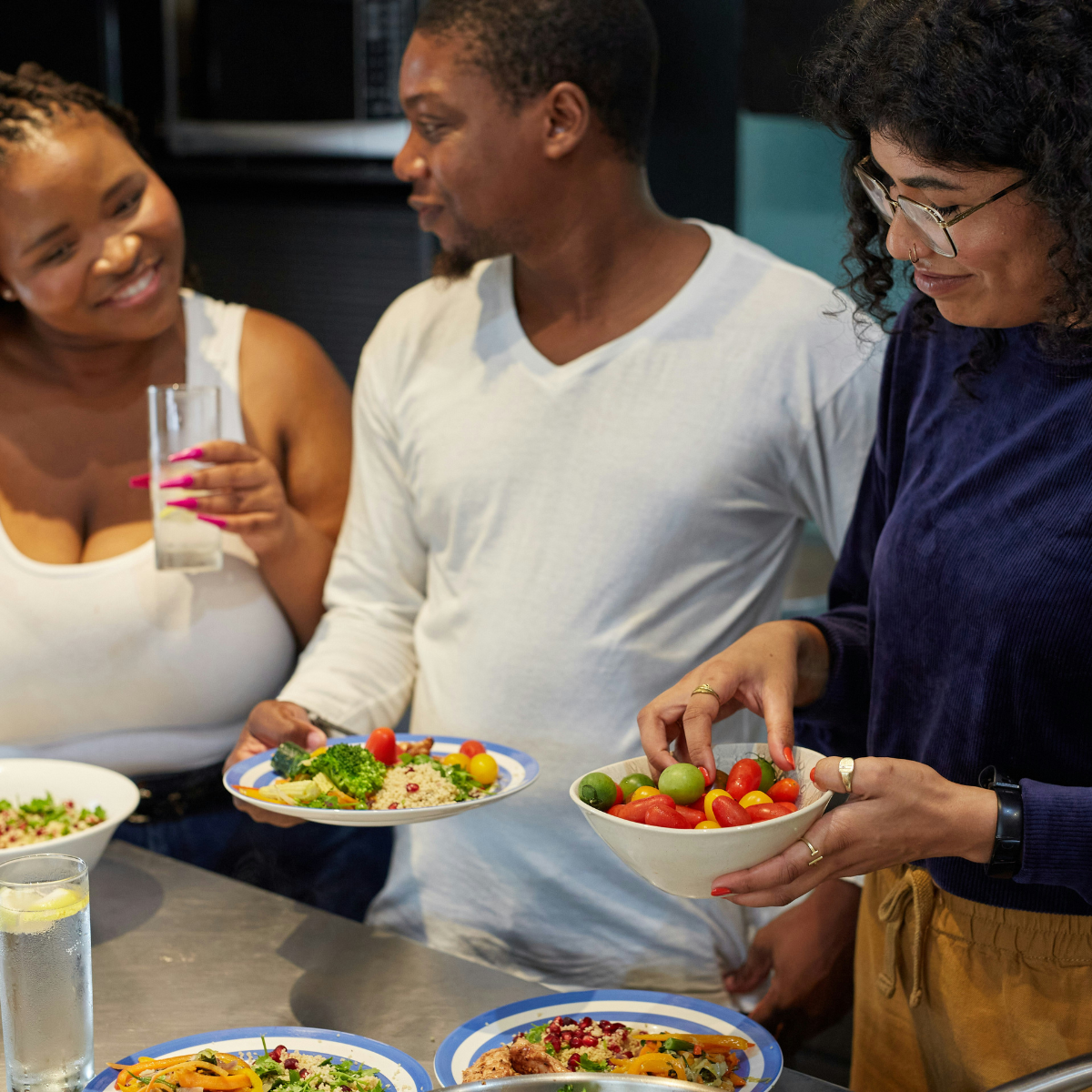 Group, eating healthy food