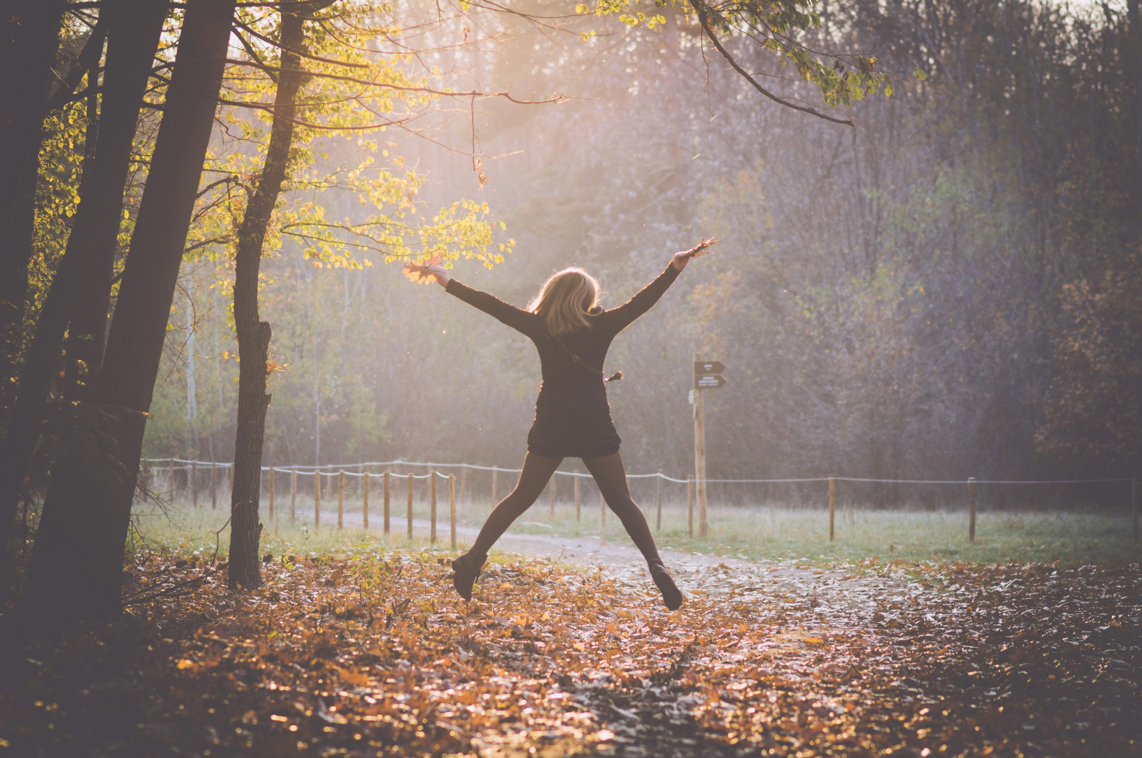 Person leaps with arms outstretched on a leaf-covered forest path, bathed in golden autumn sunlight.